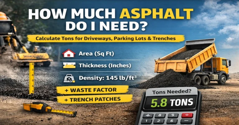 How much asphalt do I need calculator showing tons needed based on area, thickness, and density