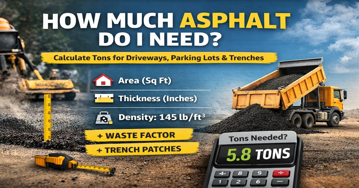 How much asphalt do I need calculator showing tons needed based on area, thickness, and density