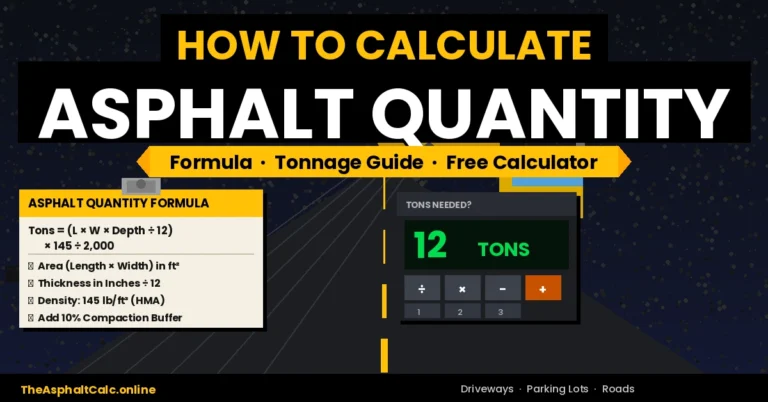 Step-by-step visual guide showing how to calculate asphalt quantity using the tonnage formula — length, width, thickness, and 145 lb/ft³ density — for driveways, parking lots, and roads
