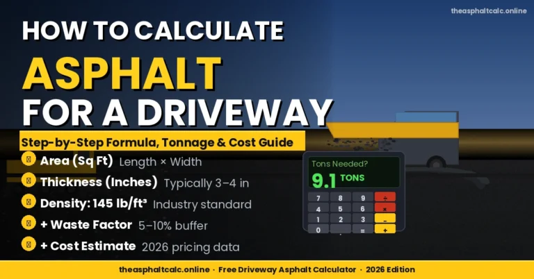 Step-by-step guide showing how to calculate asphalt for a driveway including area, thickness, density at 145 lb per cubic foot, and waste factor to find total tonnage needed
