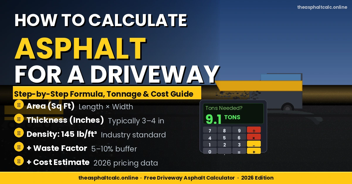 Step-by-step guide showing how to calculate asphalt for a driveway including area, thickness, density at 145 lb per cubic foot, and waste factor to find total tonnage needed